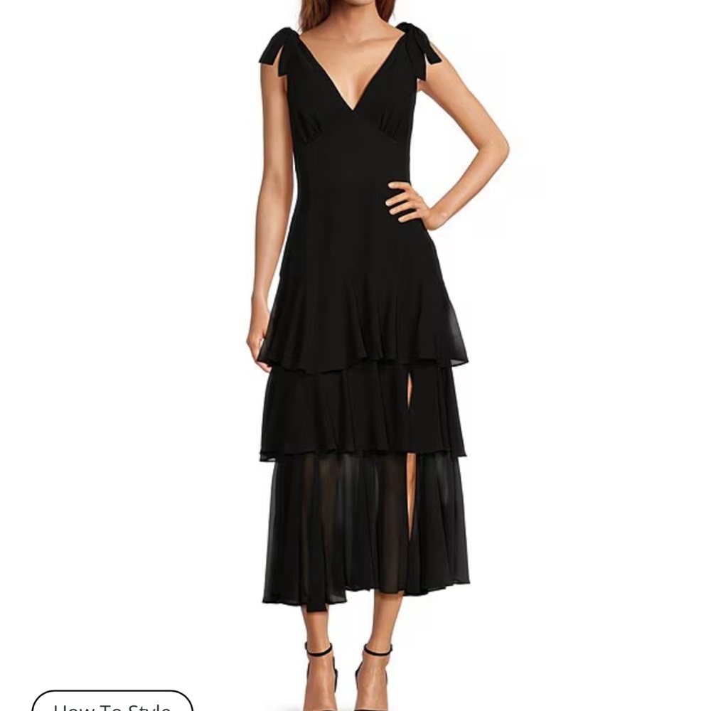 Wayf black tiered midi dress with slit and bows on shoulders